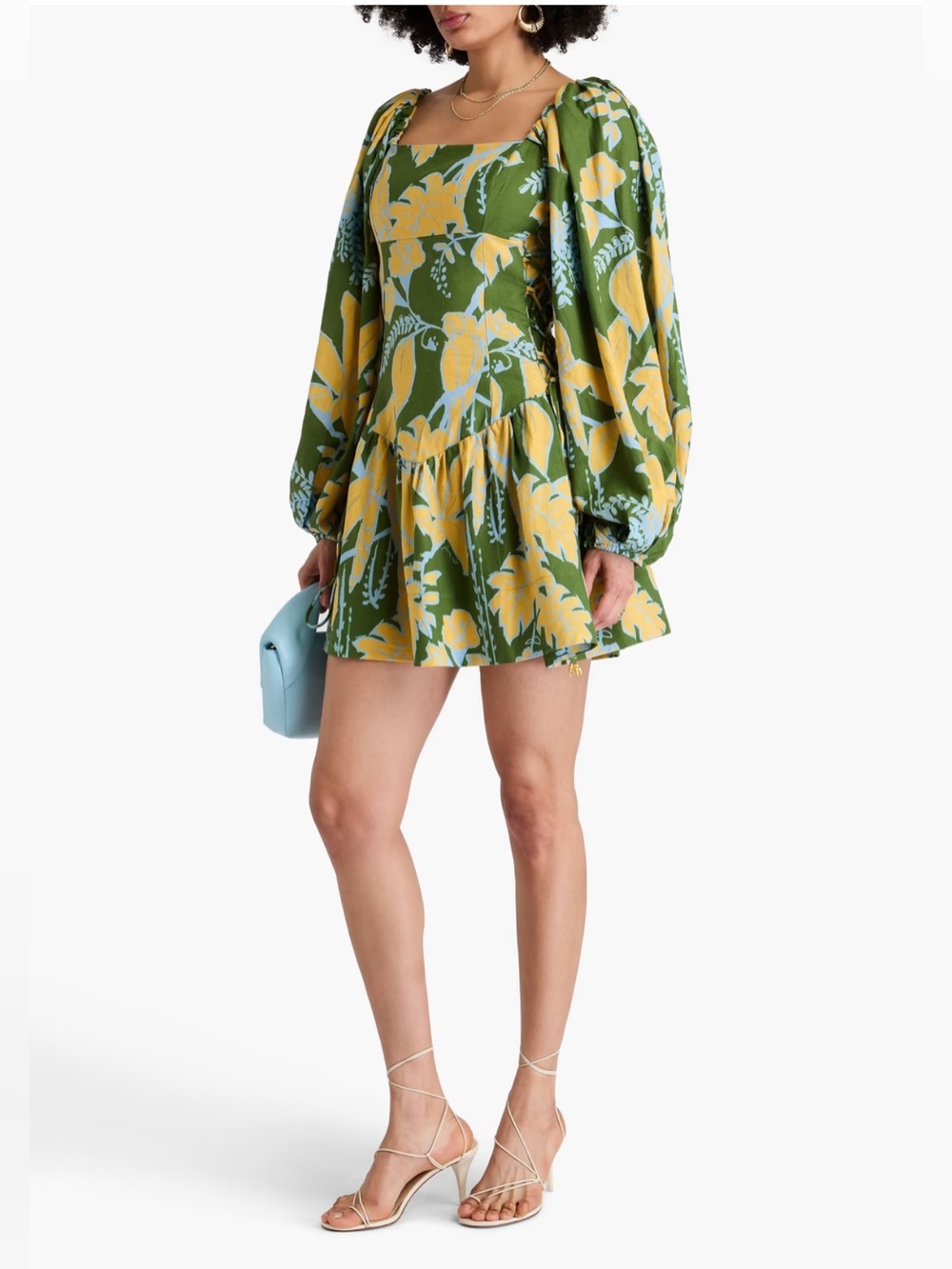 Farm Rio Lace-up Floral Print Linen Blend Mini Dress